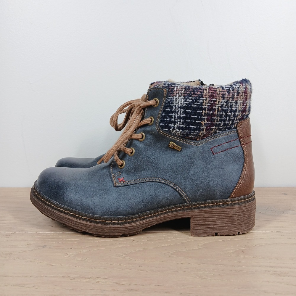 Spring Step Boots Women 7 Blue Faux Leather Lace Up Ankle Boot Winter Cozy